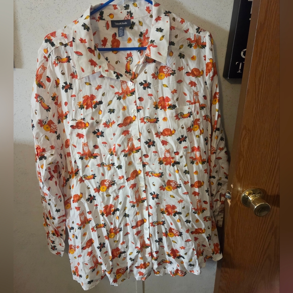 Modcloth white long sleeve blouse forest animals NWOT 2x